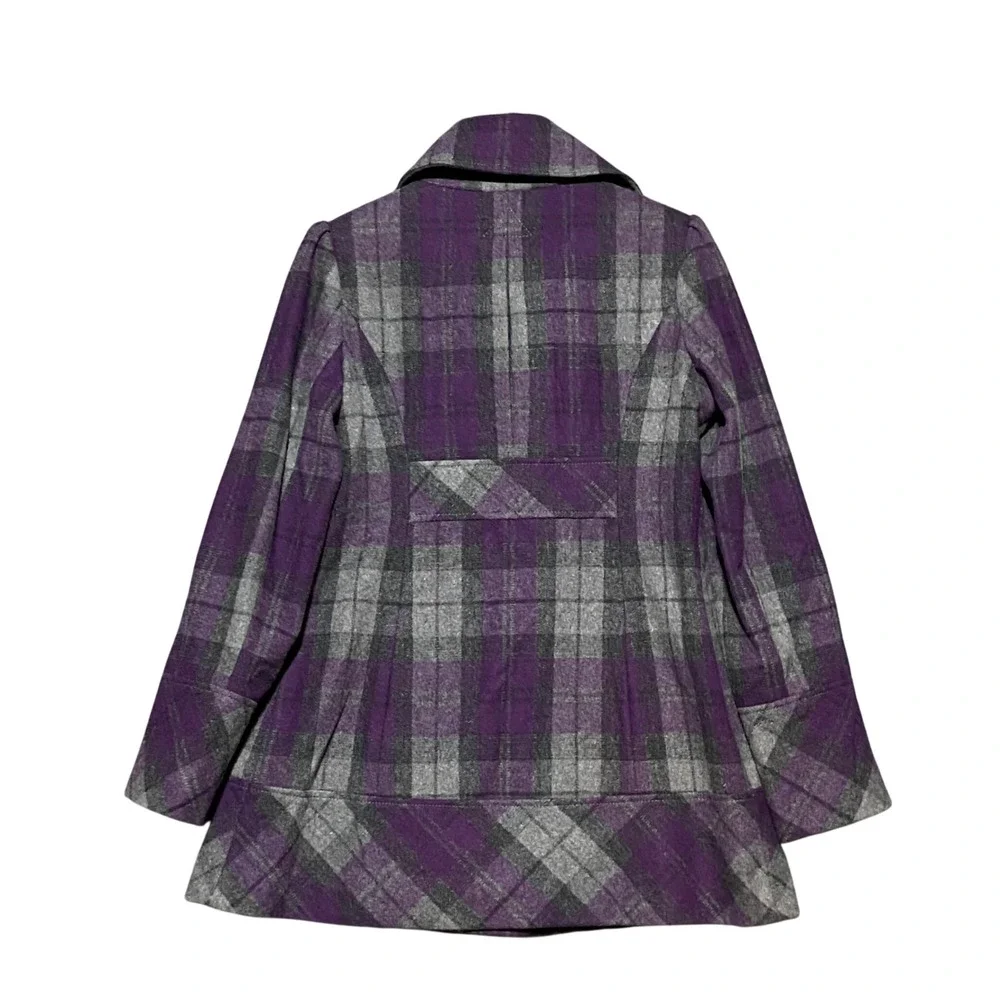 Guess Womens Y2K Purple Plaid Wool Blend Double Breasted Peacoat Jacket Size M